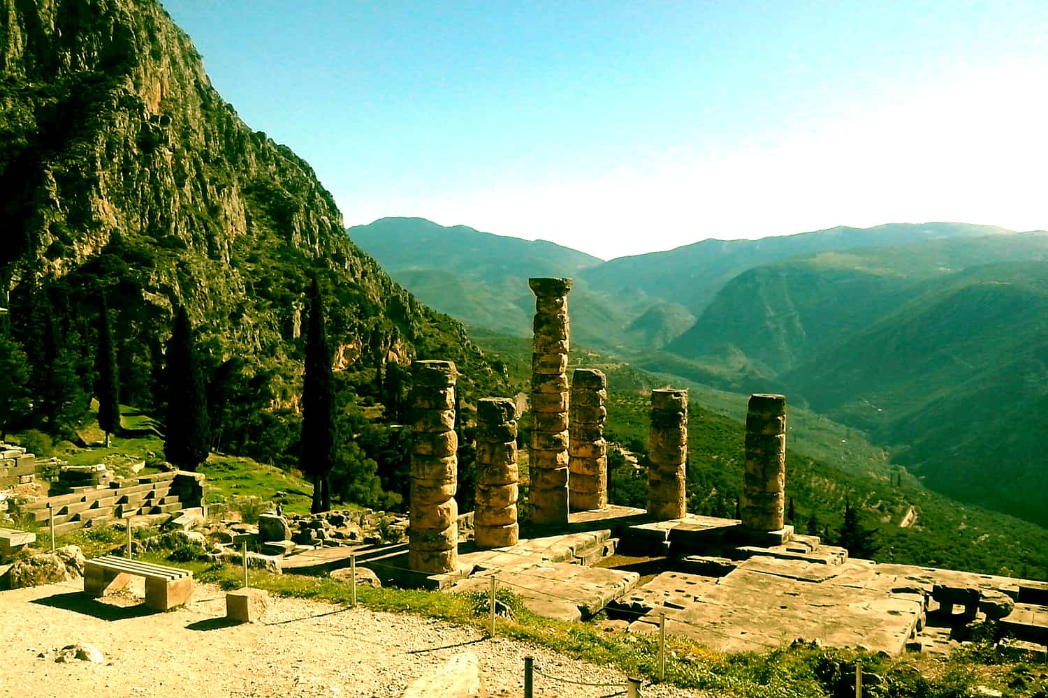 the Archaeological site of Delphi showing the Temple of Apollo with our Private Tours Vacation Packages