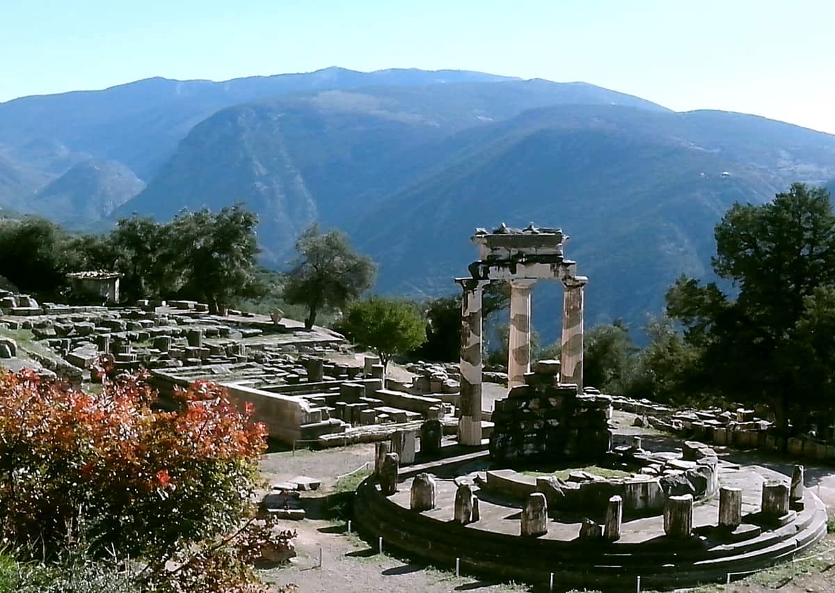 The Tholos and Temples to the goddess Athena at the Archaeological site of Delphi on our day trip