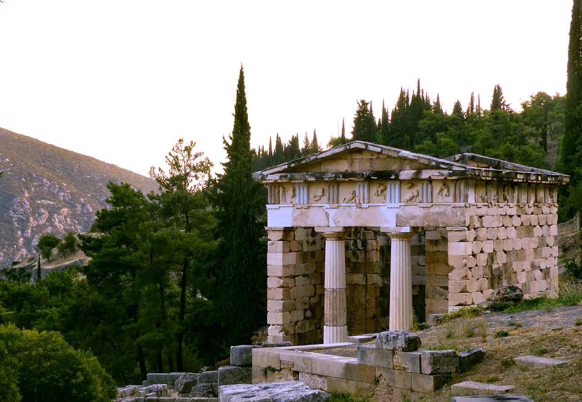 The Archaeological site in Delphi contains many ancient treasuries. The treasury of Athens has been rebuilt